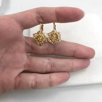 18K Gold Layered Oro Laminado Texturized Flower Lever Back Earrings Wholesale 21.0432